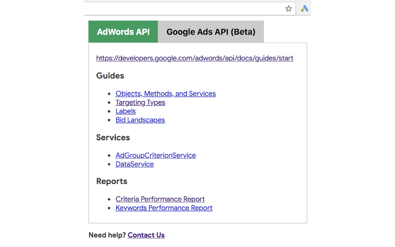 Google Ads API Web Navi screenshot