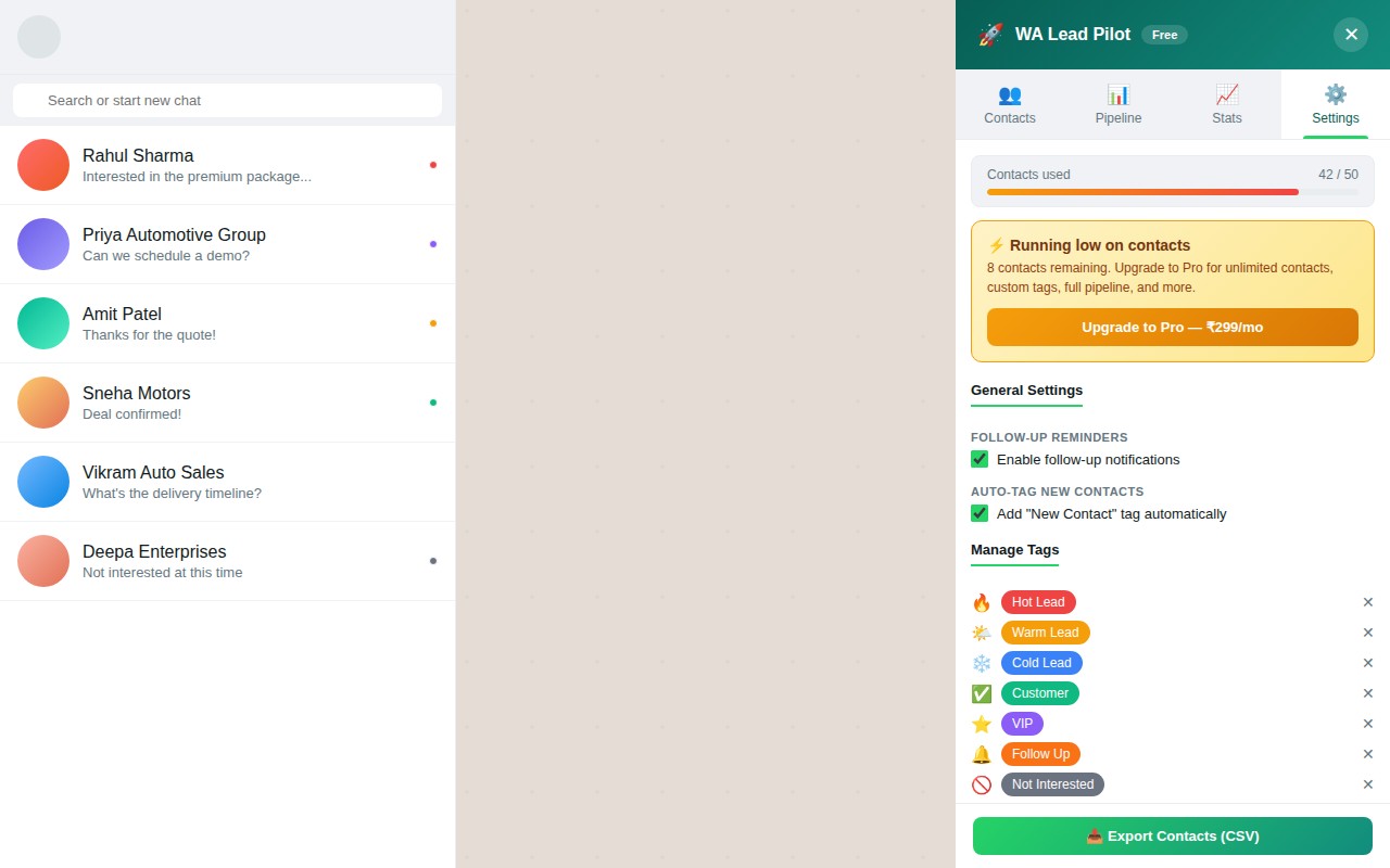 WA Lead Pilot — WhatsApp CRM & Contact Manager screenshot
