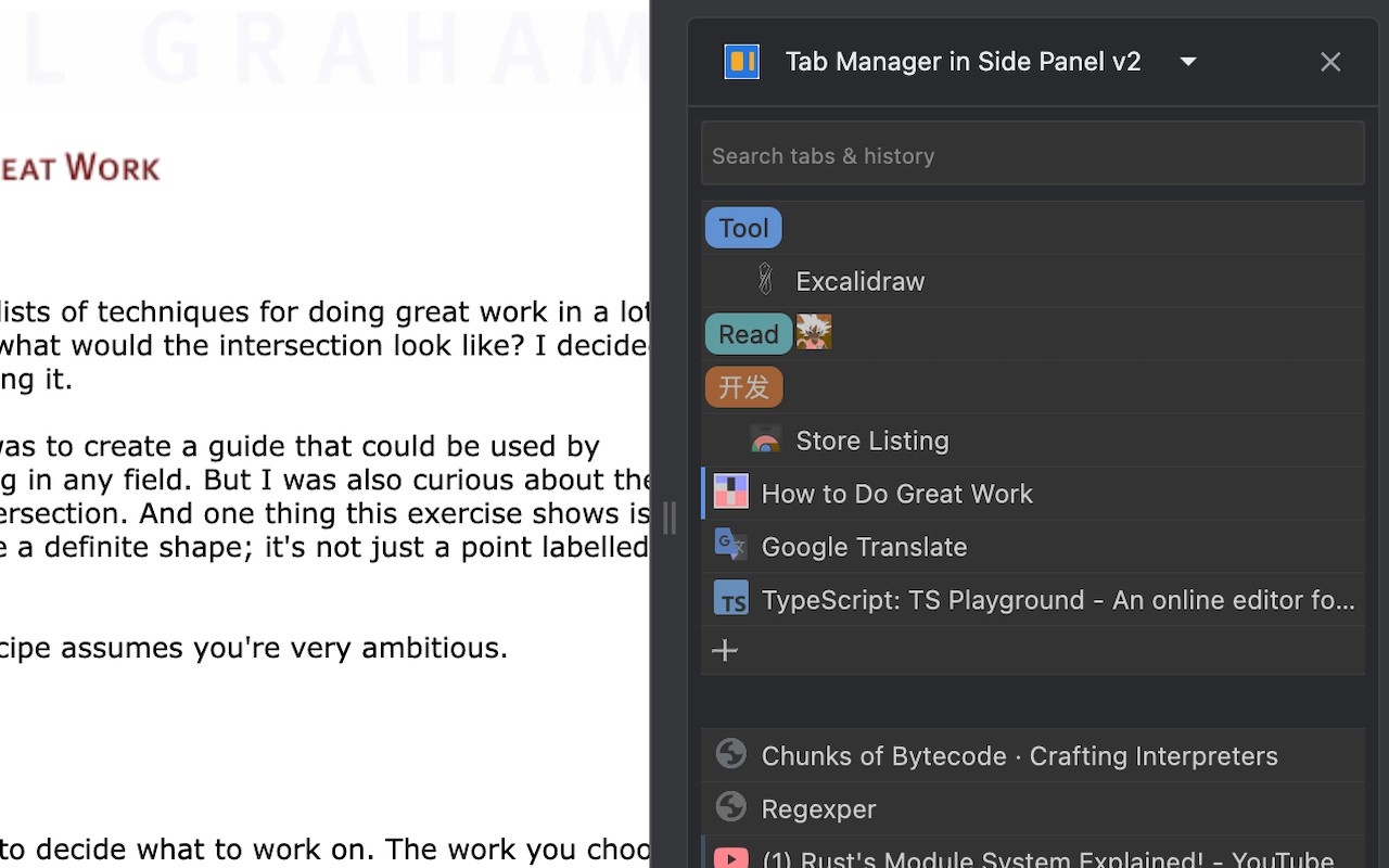 Tab Manager in Side Panel screenshot