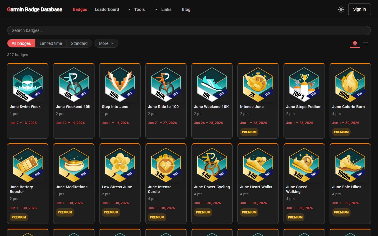 Garmin Badge Database screenshot