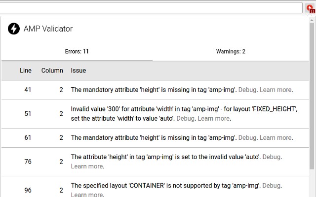 AMP Validator screenshot