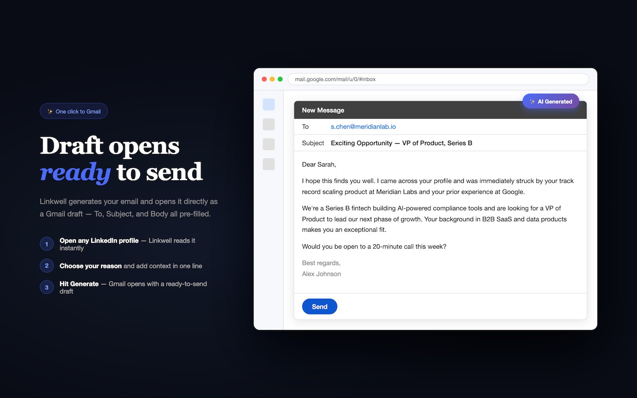 Linkwell — Write LinkedIn Outreach Emails in Seconds screenshot