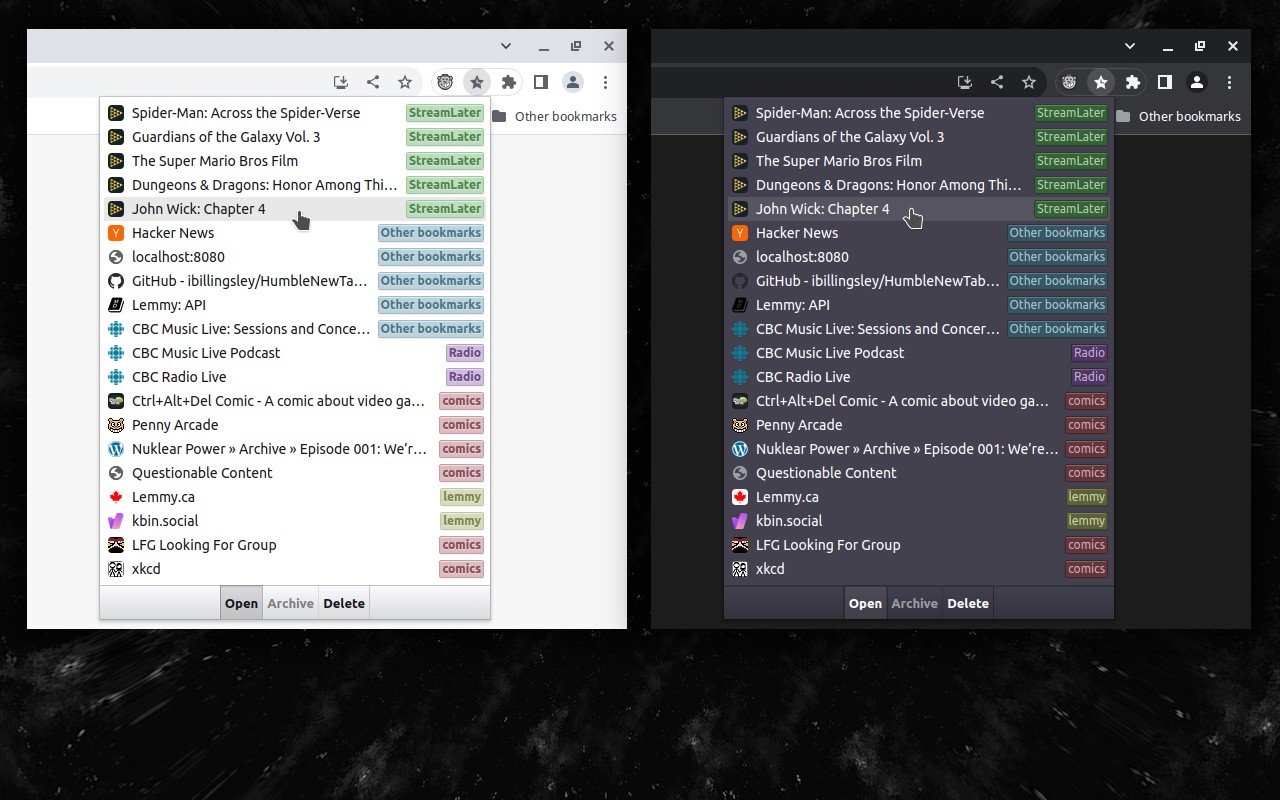 Recent Bookmarks Popup screenshot